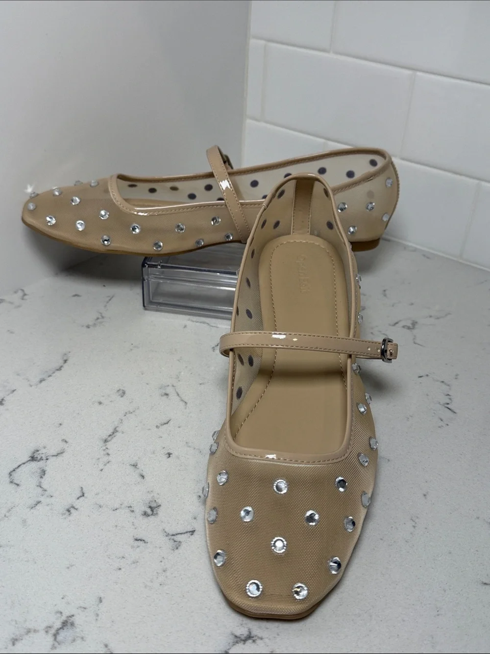 New Open Edit Beige Rhinestone Mesh Mary Jane Ballet Flats Women's Size 11